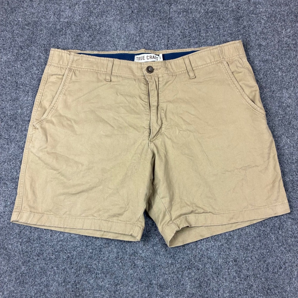 True Craft Mens Chino Shorts Khaki Tan Size 40W Flat Front Casual Summer Twill